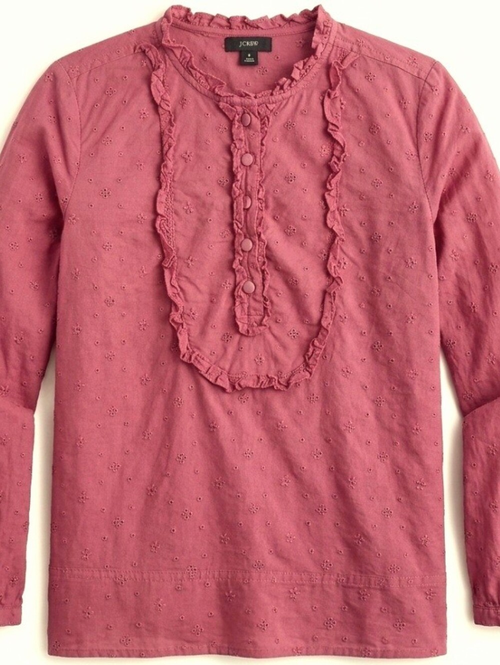J.Crew Rose Pink Eyelet Cotton Ruffle Bib Long Sleeve Fabric Buttons  Blouse S
